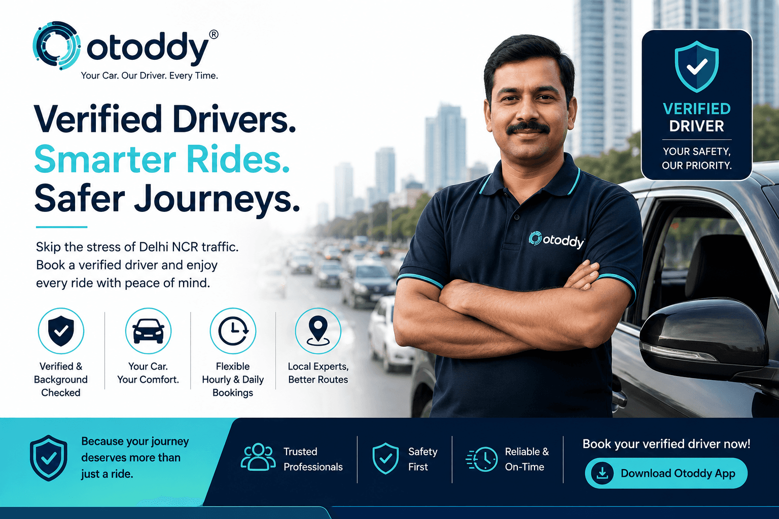 Verified Otoddy driver standing beside a car in Delhi NCR traffic, promoting safe, reliable, and background-checked driver booking services